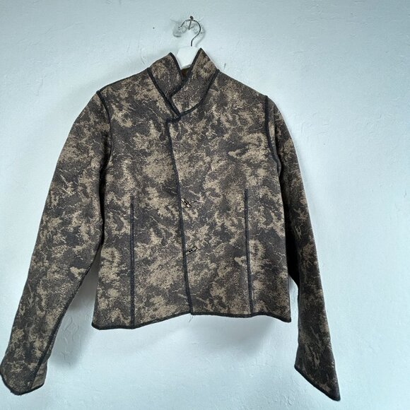 Women’s Reversible Jacket Camouflage Gray Beige Stand Collar Button Closure - Picture 1 of 9
